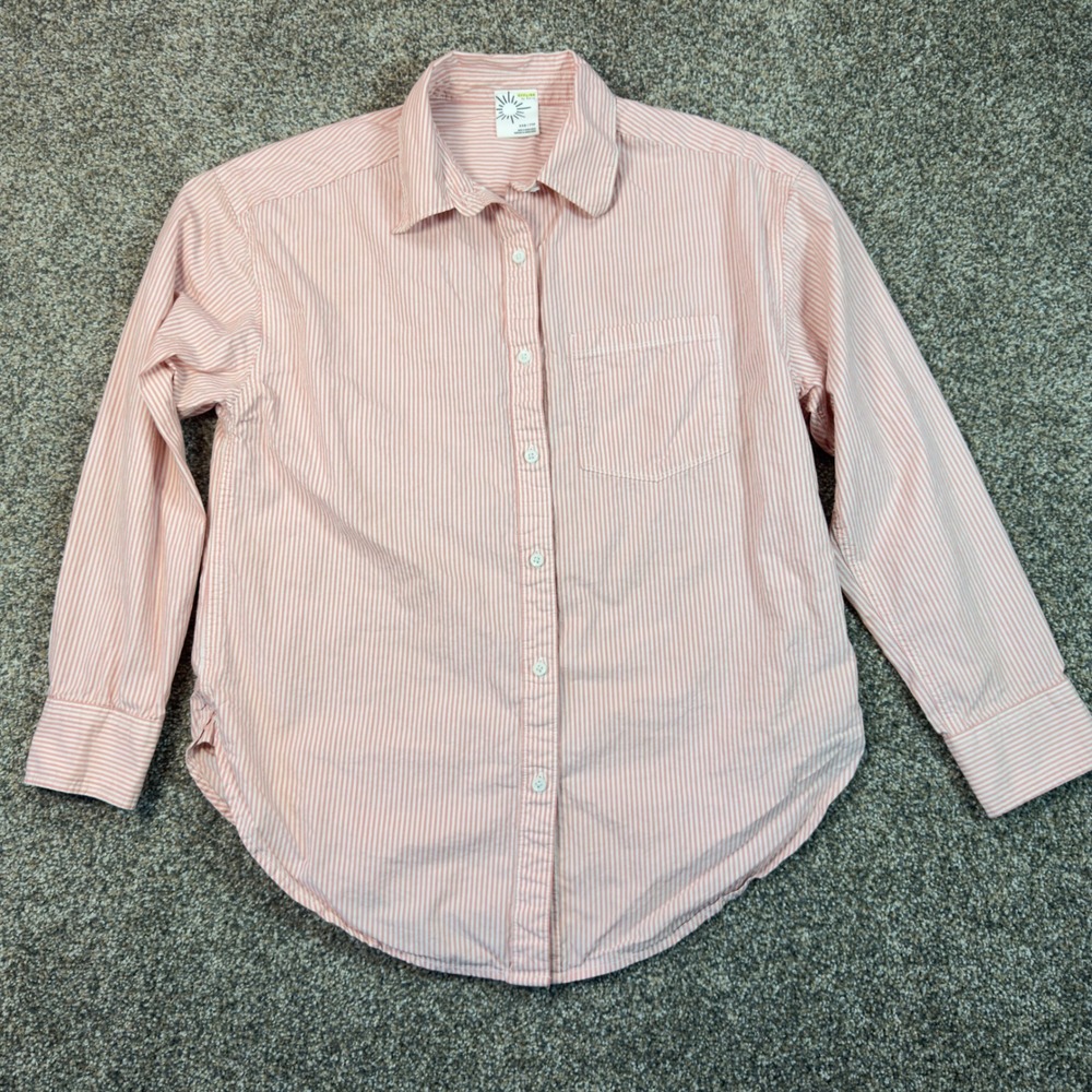 OFFLINE by Aerie Pink White Striped Button Up Shirt XXS Long Sleeve Curved Hem